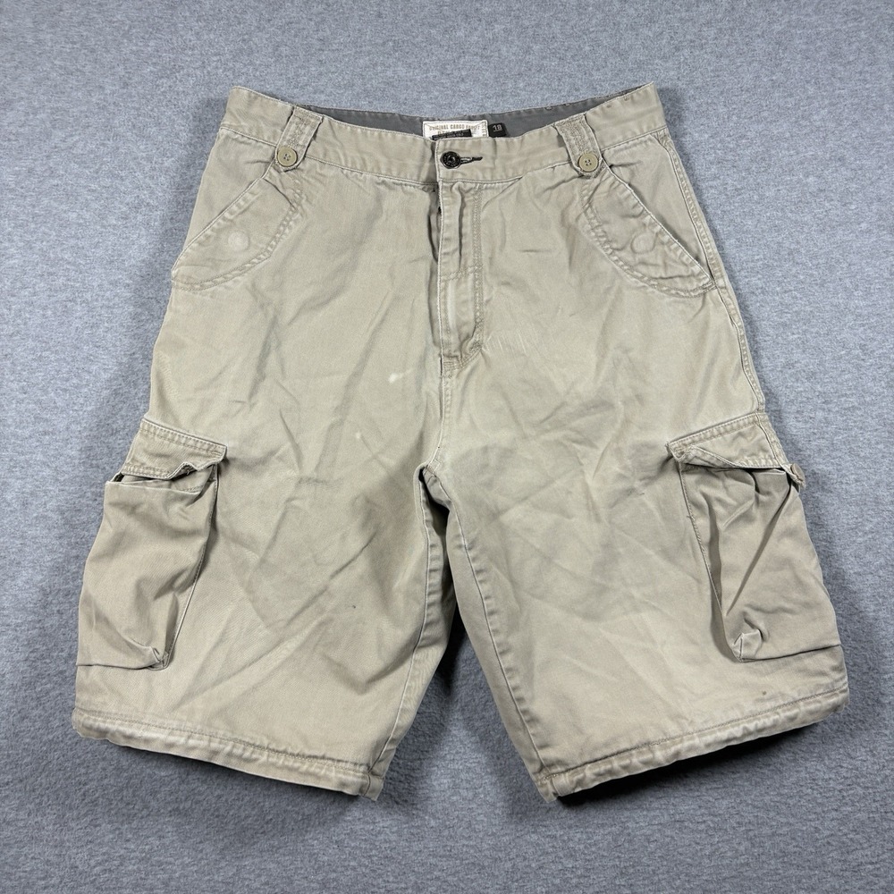 Vintage Plugg Co Mens Cargo Shorts Sz 31 Khaki Tan Y2K Skater Utility Grunge